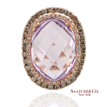 14K (585) Rose Gold Natural Diamond and Amethyst Ring