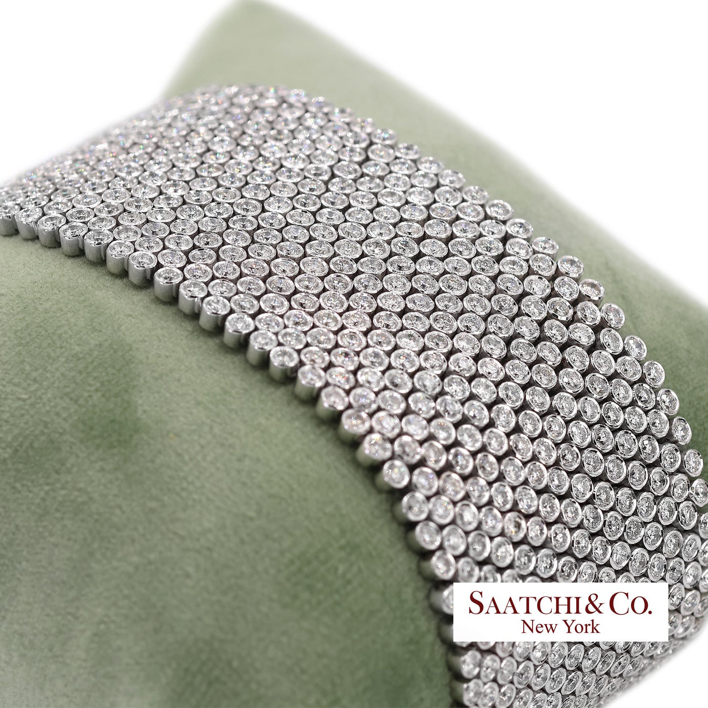 18K (750) White Gold Natural Diamond Wide Mesh Bracelet 15 Rows