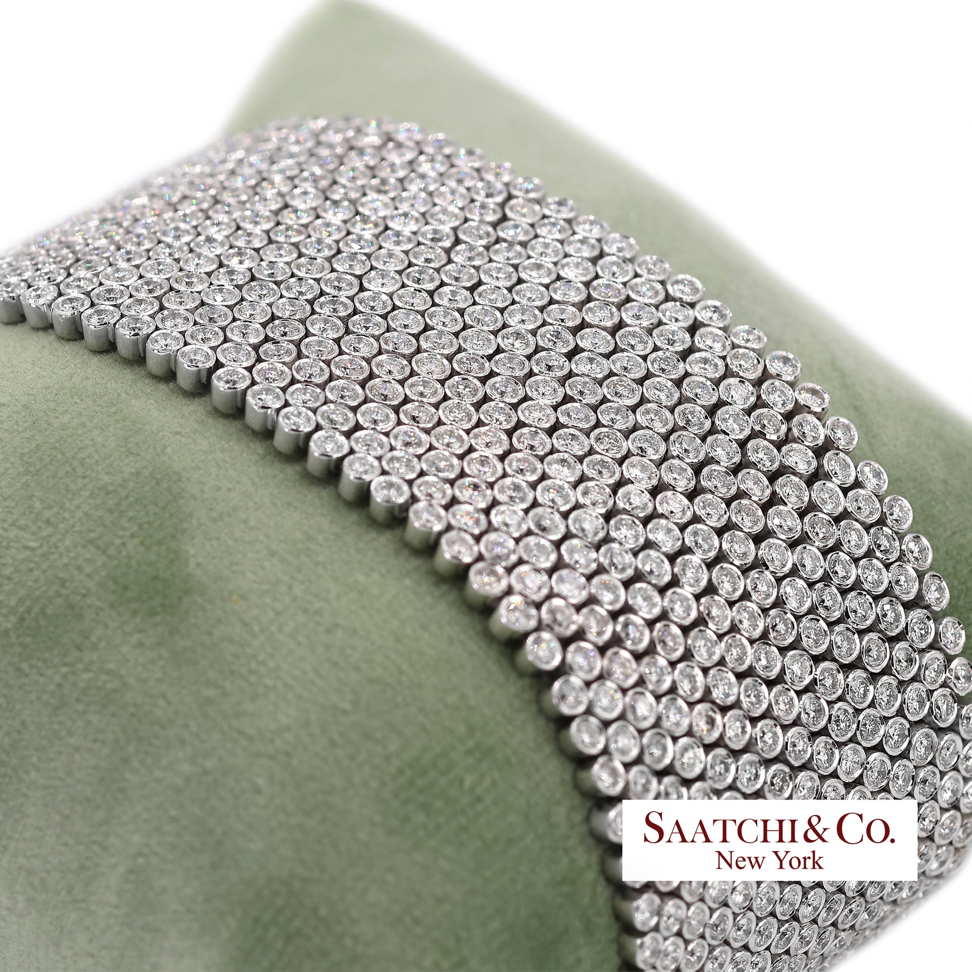 18K (750) White Gold Natural Diamond Wide Mesh Bracelet 15 Rows