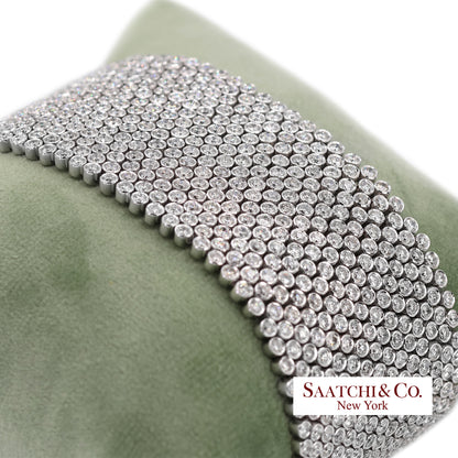18K (750) White Gold Natural Diamond Wide Mesh Bracelet 15 Rows