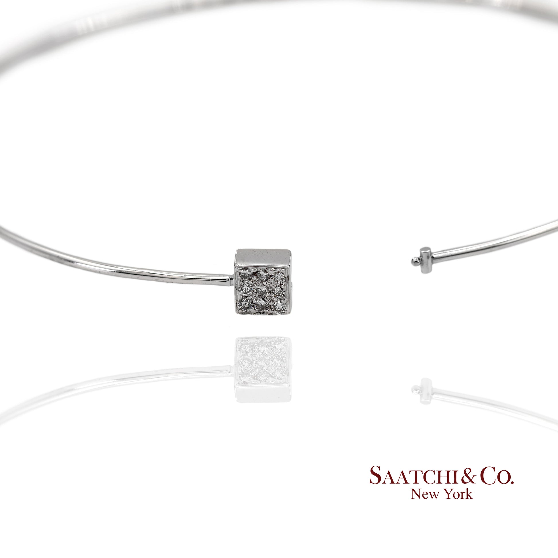 18K(750) Solid White Gold Natural Diamond Square Shape Bangle Bracelet