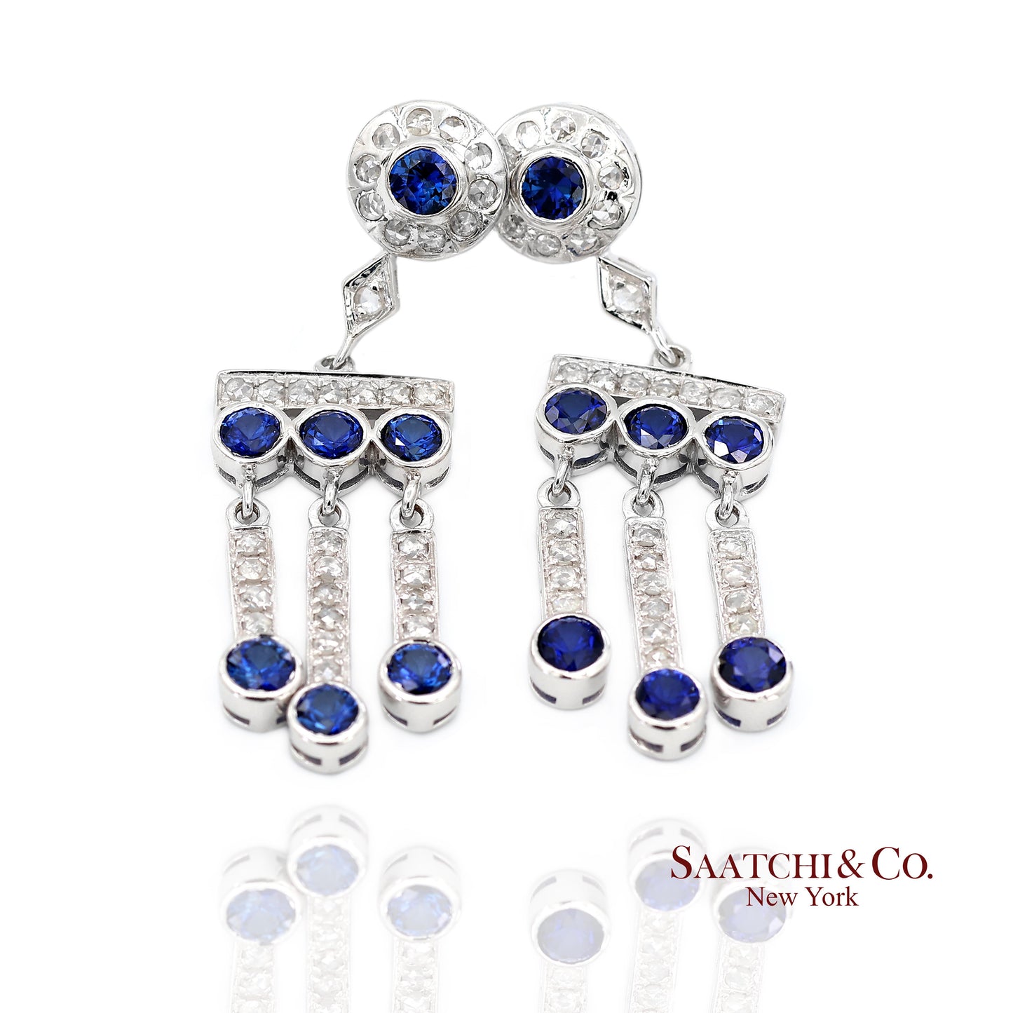 14K(585) Vintage White Gold Natural Diamond and Sapphire Earrings