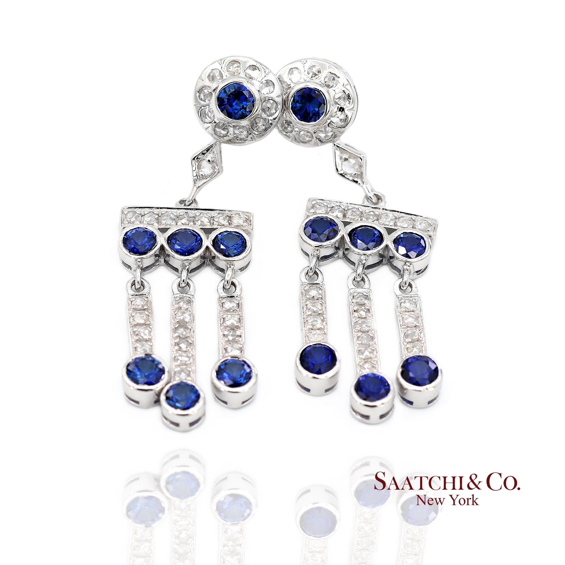 14K(585) Vintage White Gold Natural Diamond and Sapphire Earrings