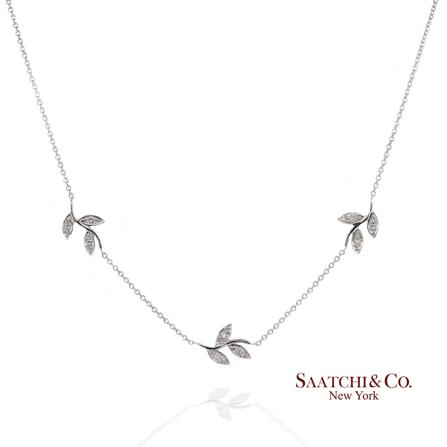 18K(750) White Gold Natural Diamond Leaf Pendant Necklace with Chain