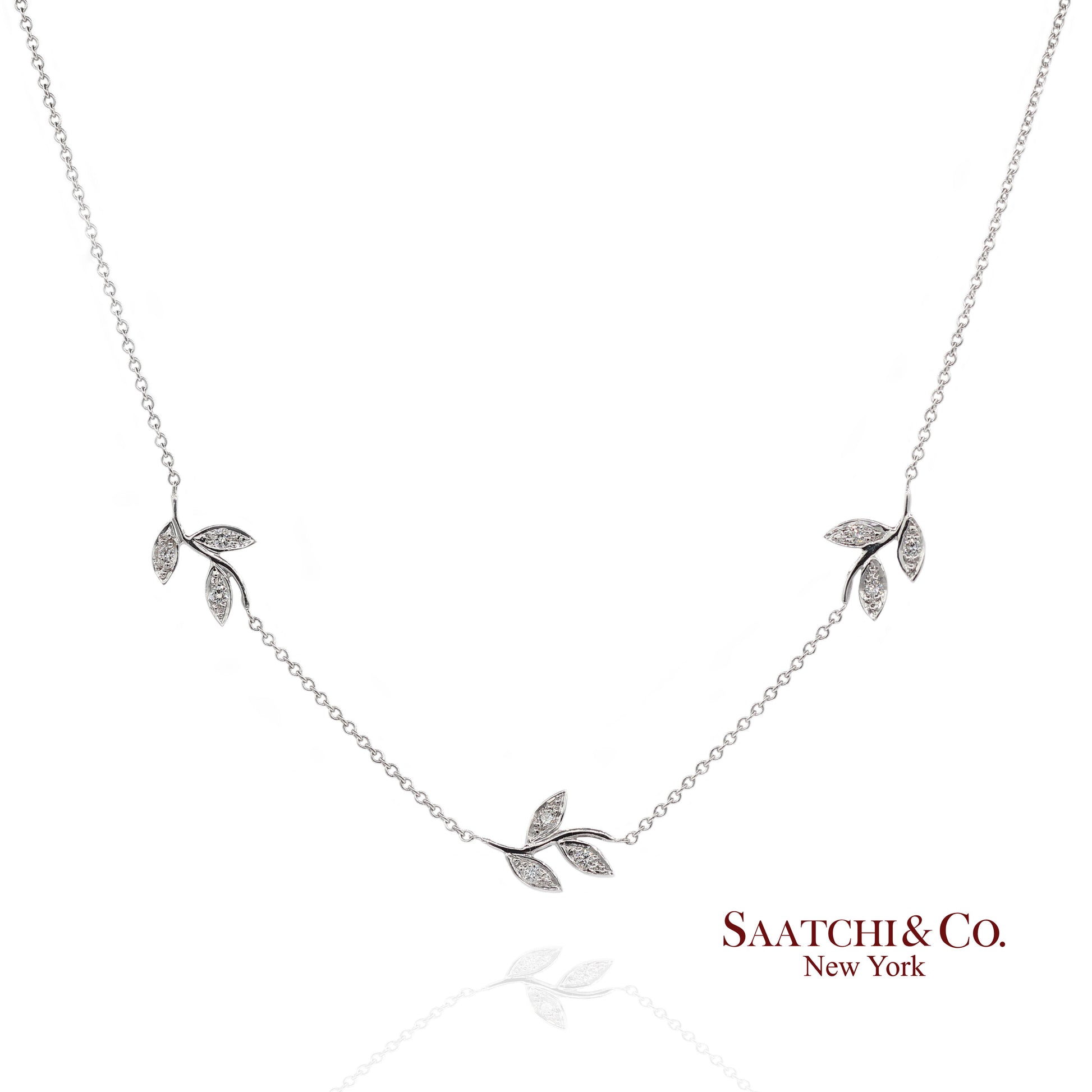 18K(750) White Gold Natural Diamond Leaf Pendant Necklace with Chain