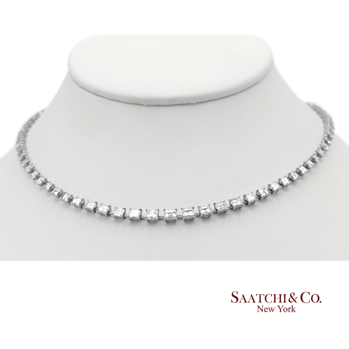 18K(750) White Gold Carre Cut Natural Diamond Tennis Necklace
