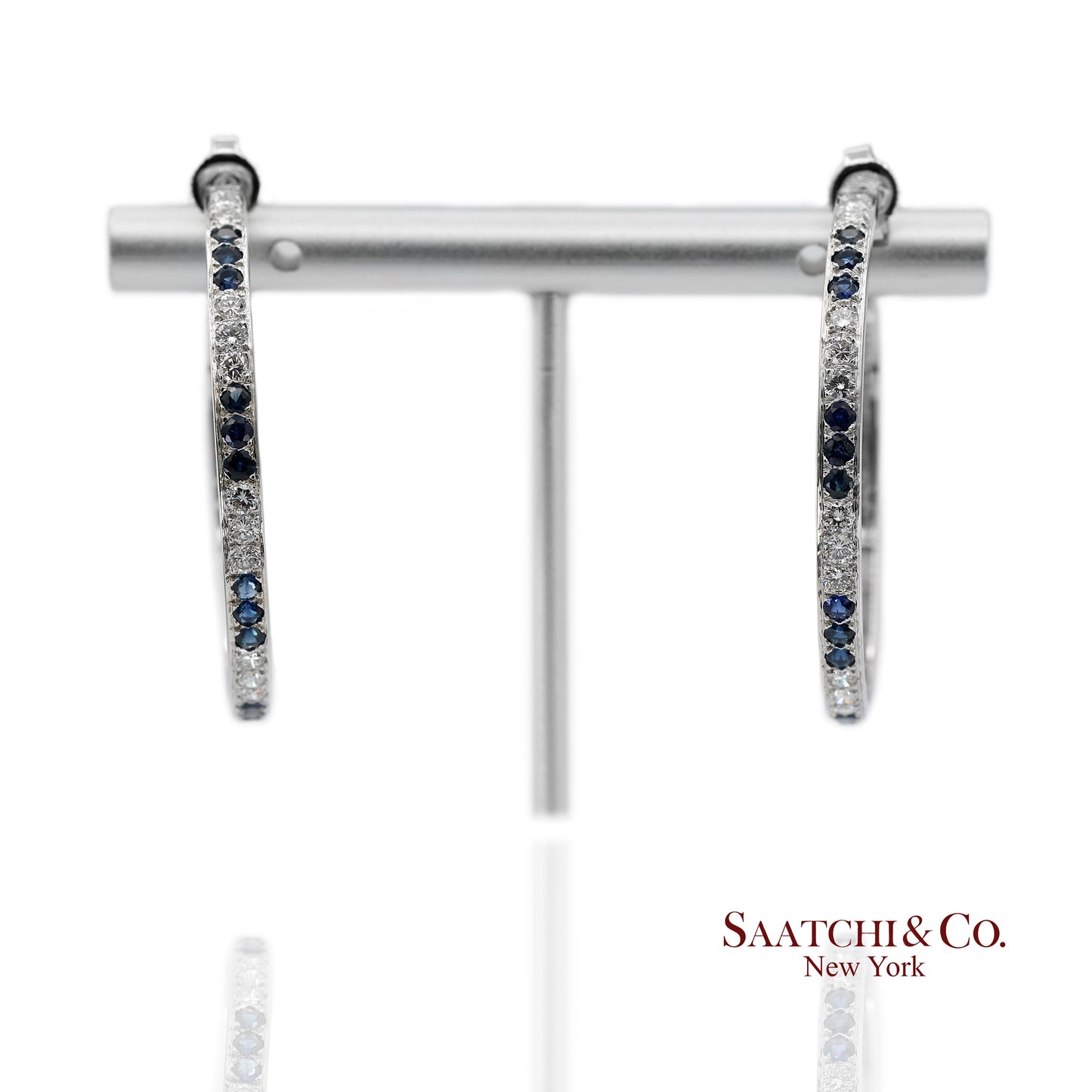 18K(750) Solid White Gold Natural Diamond and Sapphire Hoops Earrings