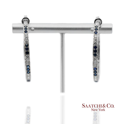 18K(750) Solid White Gold Natural Diamond and Sapphire Hoops Earrings