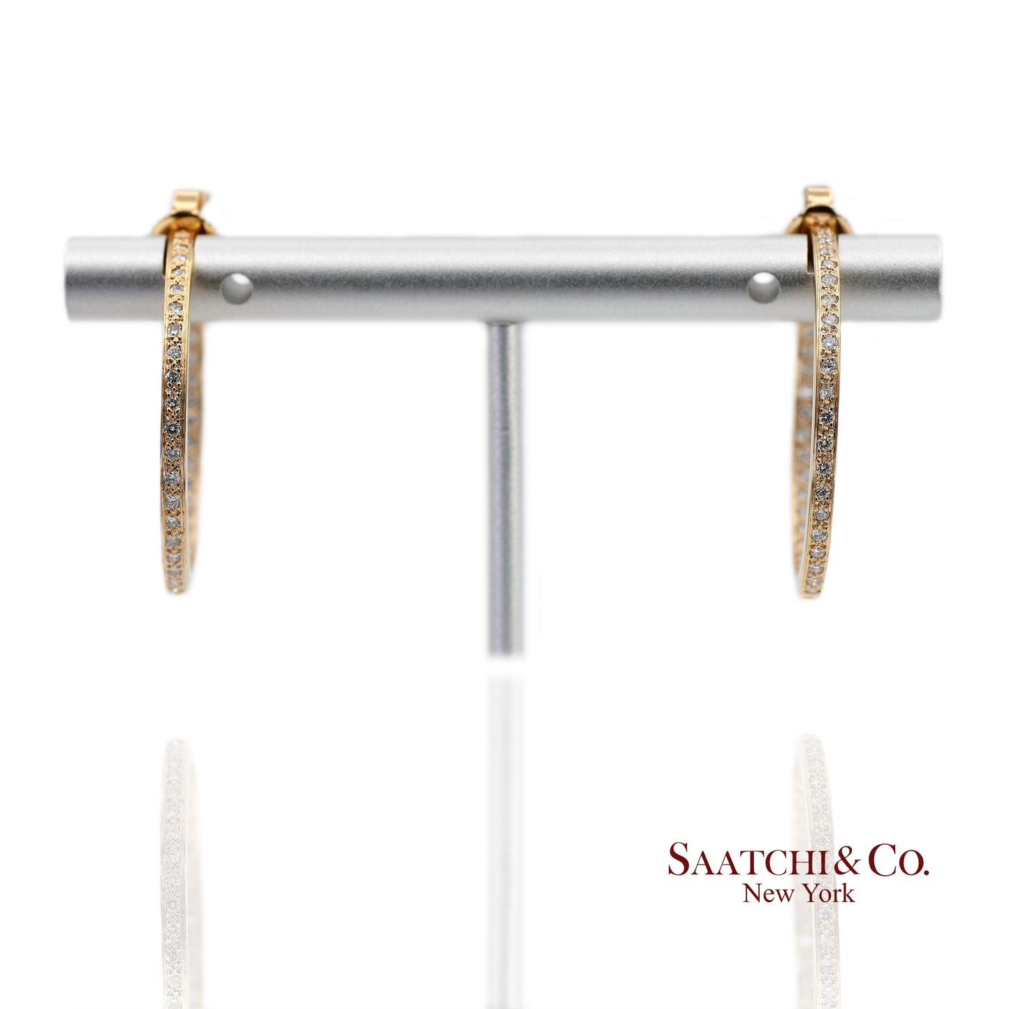 18K(750) Solid Yellow Gold In and Out Natural Diamond Hoop Earrings