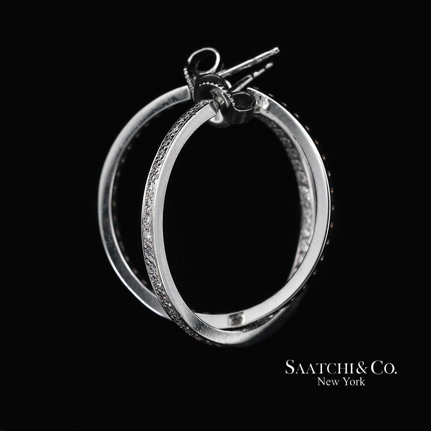 18K(750) Solid White Gold In and Out Natural Diamond Hoop Earrings