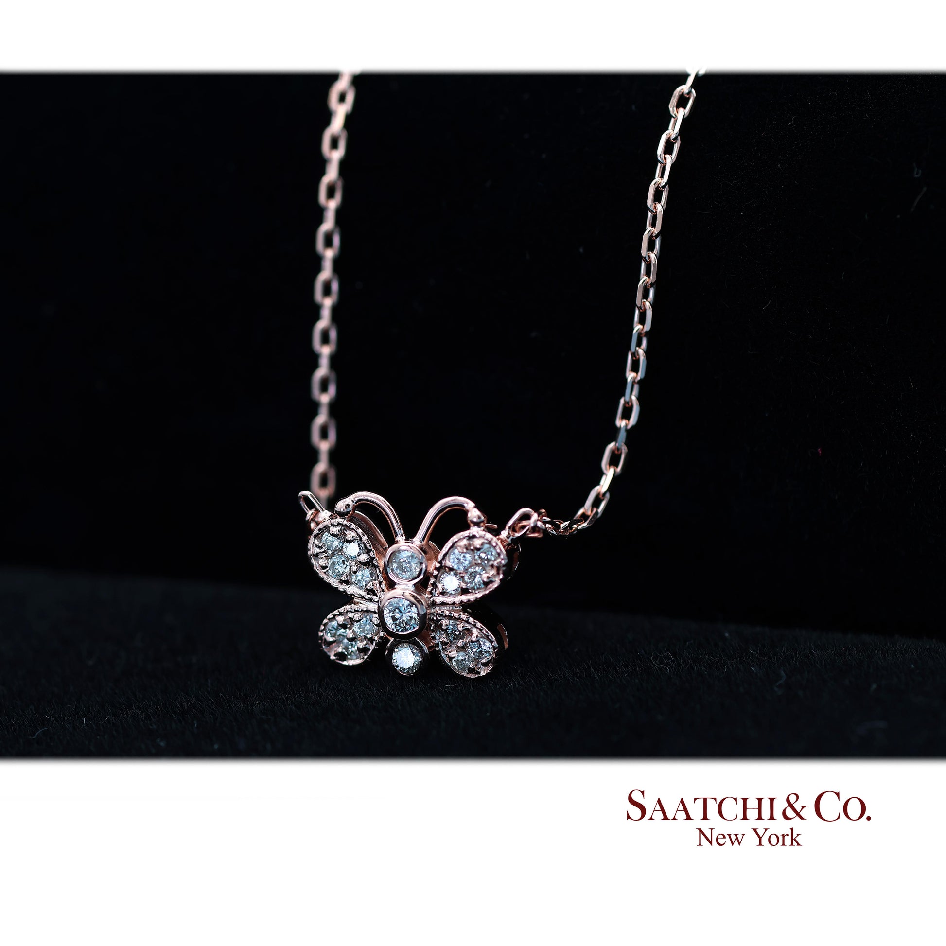 14K(585) Rose Gold Natural Diamond Butterfly Pendant Necklace with Chain