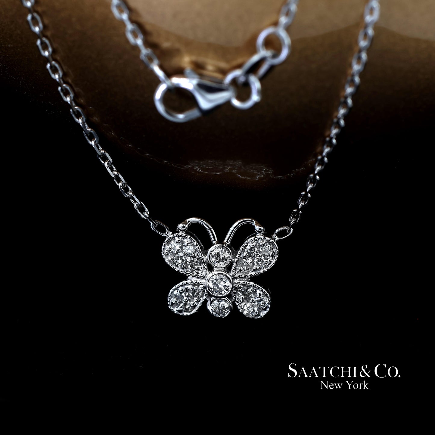 14K(585) White Gold Natural Diamond Butterfly Pendant Necklace with Chain
