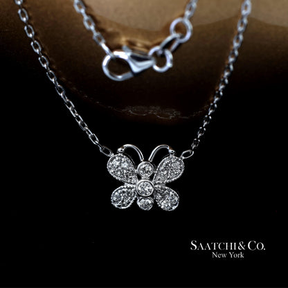 14K(585) White Gold Natural Diamond Butterfly Pendant Necklace with Chain