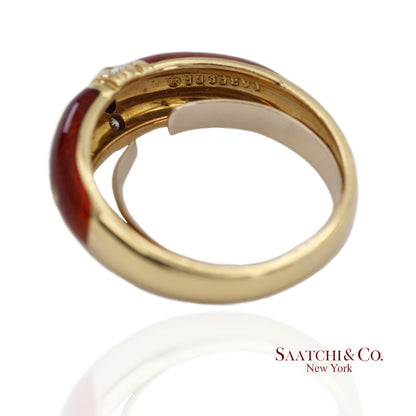 Vintage Faberge 18K (750) Solid Yellow Gold Red Enamel Diamond Ring