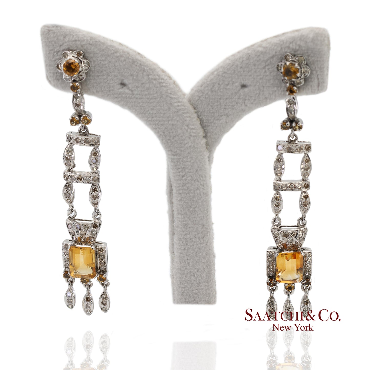 14K(585) White Gold Natural Diamond and Yellow Sapphire Pretty Teardrop Earrings