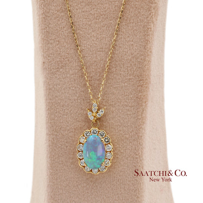 18K 750 Solid Yellow Gold Natural Diamond and Natural Opal Pendant Necklace