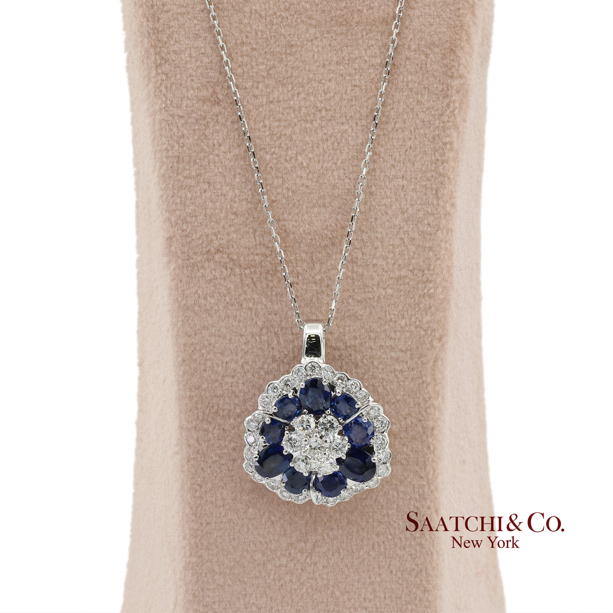0.95ct Natural Diamond & 3.17ct Natural Sapphire 18K White Gold Pendant Necklace
