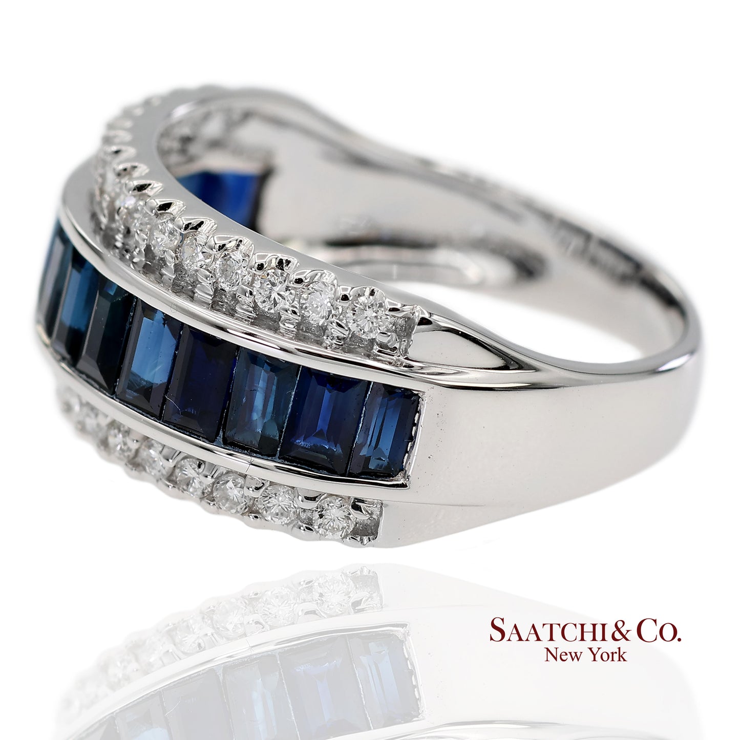 18K 750 Solid White Gold Natural Diamond and Natural Sapphire Band Ring