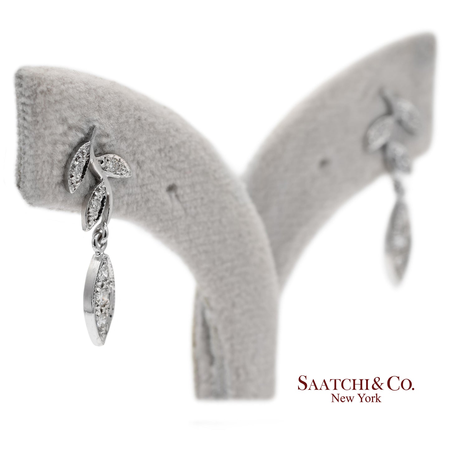 18K 750 Solid White Gold Marquise Shape Natural Diamond Leaf Drop Earrings