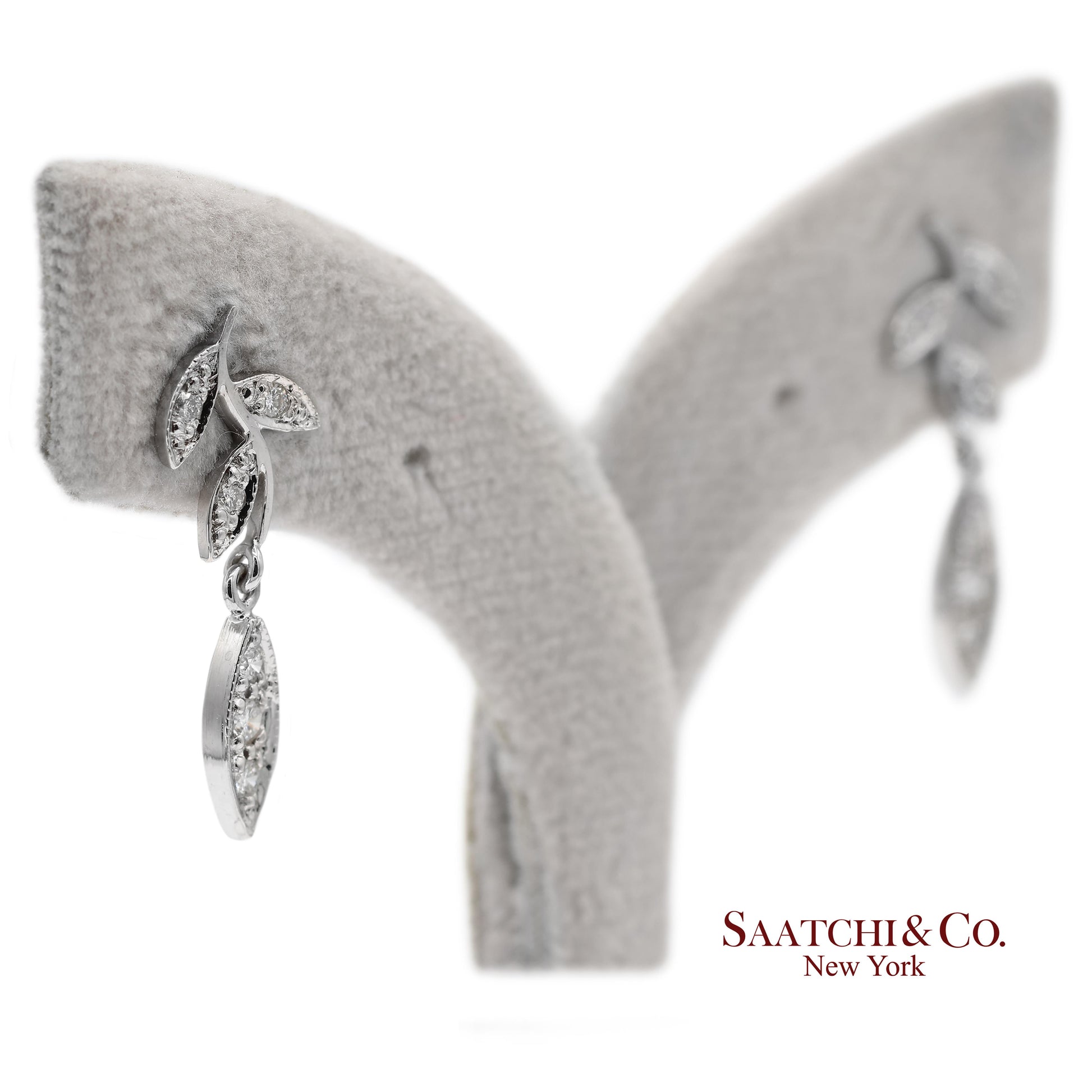 18K 750 Solid White Gold Marquise Shape Natural Diamond Leaf Drop Earrings