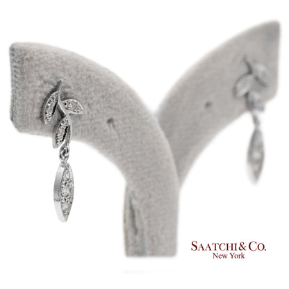 18K 750 Solid White Gold Marquise Shape Natural Diamond Leaf Drop Earrings