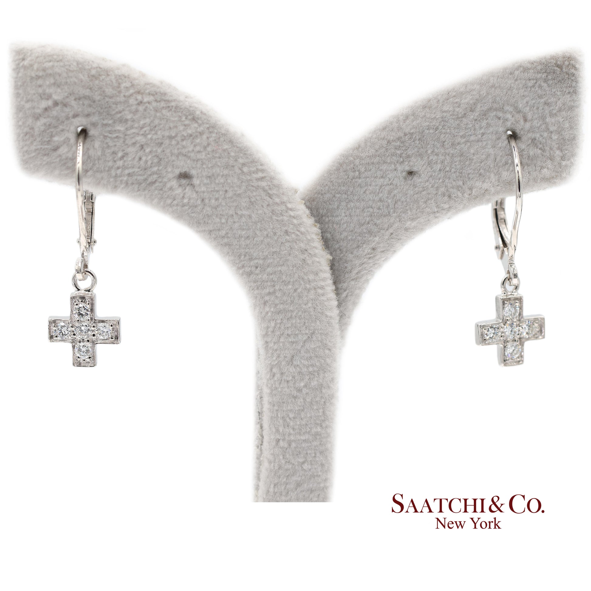 18K 750 Solid White Gold Natural Diamond Drop Hanging Cross Shape Earrings