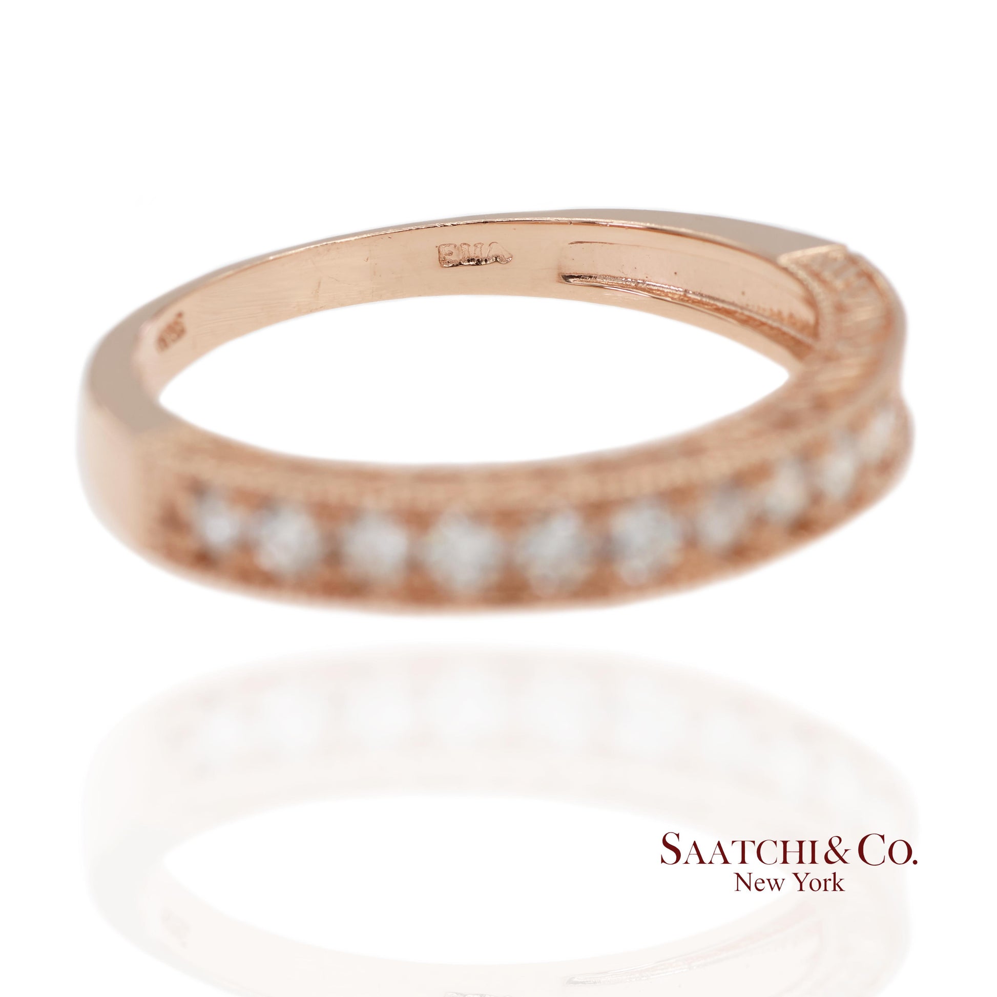 14K 585 Solid Rose Gold Side Engraving Natural Diamond Band Ring