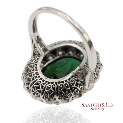Vintage Platinum 950 Milgrain Natural Diamond and Tourmaline Ring