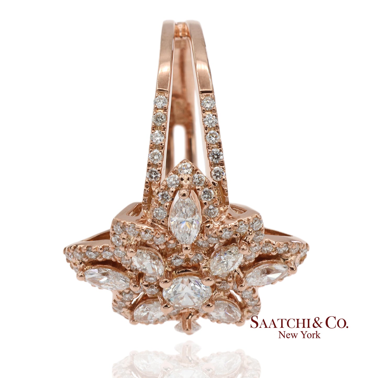 18K 750 Solid Rose Gold Floral Natural Diamond Ring