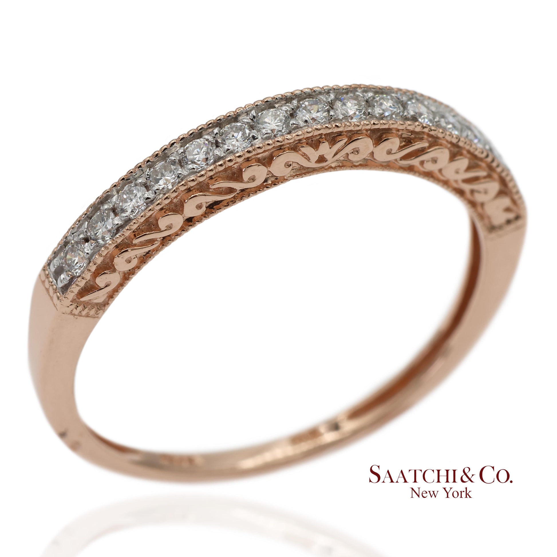 14K 585 Solid Rose Gold Engraving and Milgrain Natural Diamond Band Ring