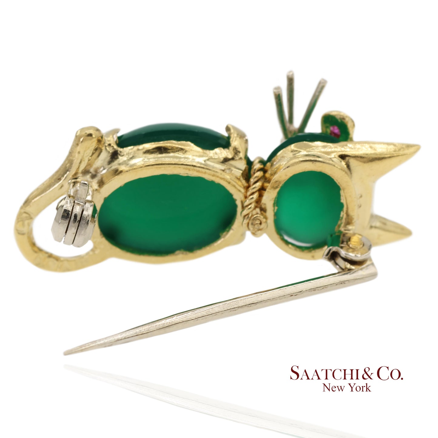 18K 750 Solid Yellow Gold Natural Ruby Eyes & Green Gemstones Cat Pin Brooch
