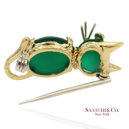 18K 750 Solid Yellow Gold Natural Ruby Eyes & Green Gemstones Cat Pin Brooch