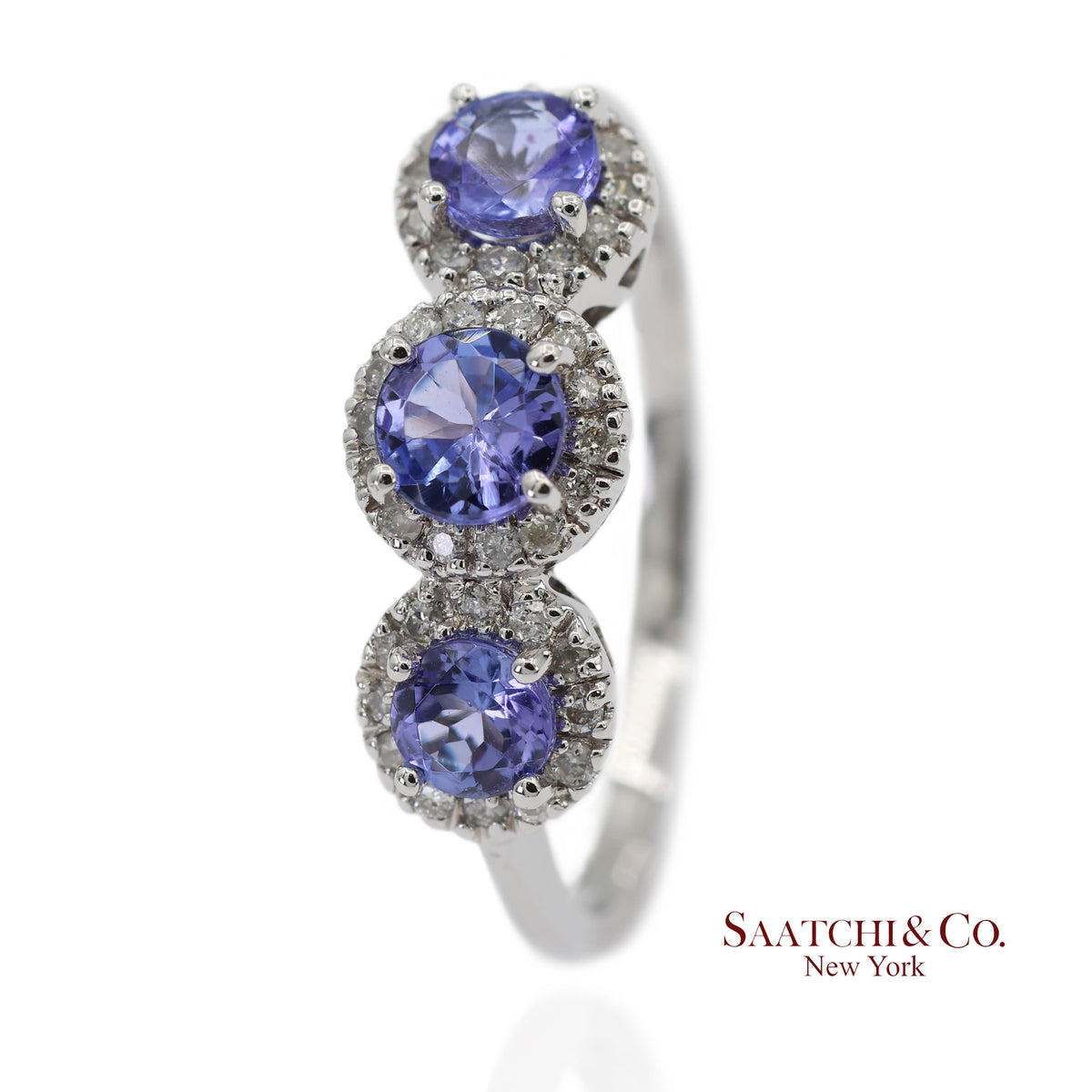 0.40 ct Natural Diamond and 0.80 ct Tanzanite 14K White Gold 3-Stone Ring