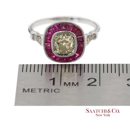 GIA Certified 18K 750 Solid White Gold Natural Diamond and Ruby Engagement Ring
