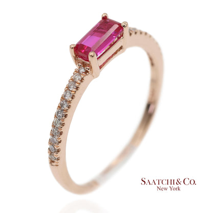 14K 585 Solid Rose Gold Pink Baguette Cut Stone and Natural Diamond Ring