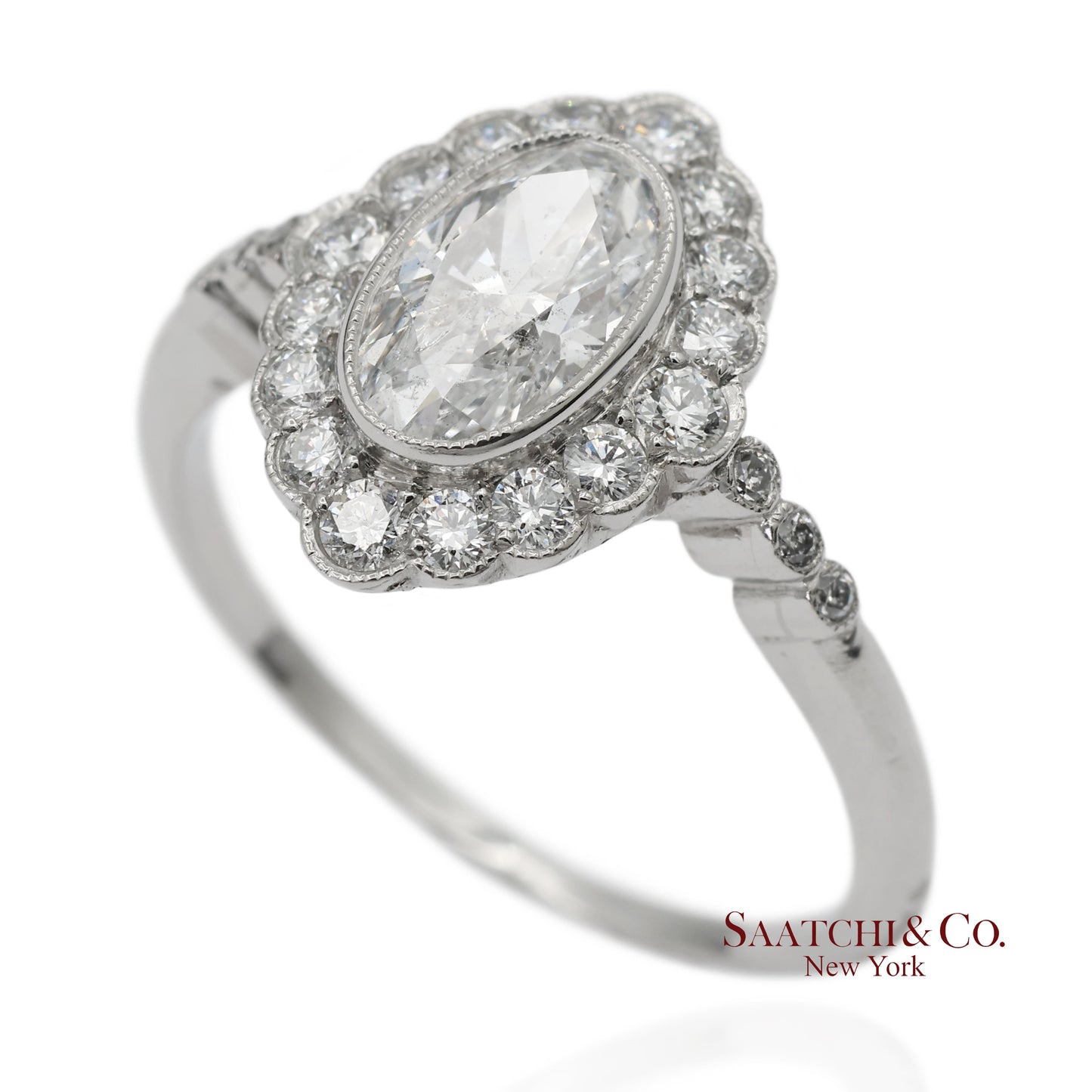 Vintage Platinum 900 Natural Diamond Milgrain Oval Shape Engagement Band Ring