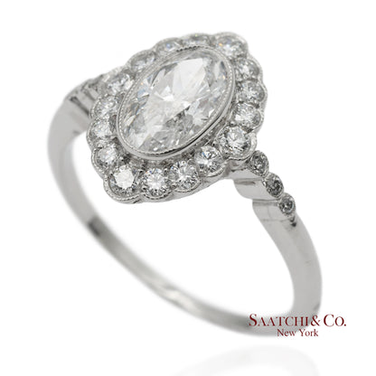 Vintage Platinum 900 Natural Diamond Milgrain Oval Shape Engagement Band Ring