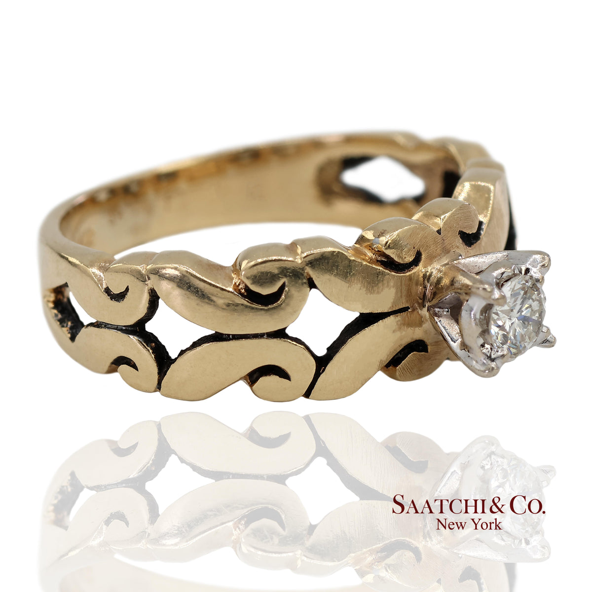 0.13 Ct Natural Diamond 14K Yellow Gold Openwork Scroll Design Ring
