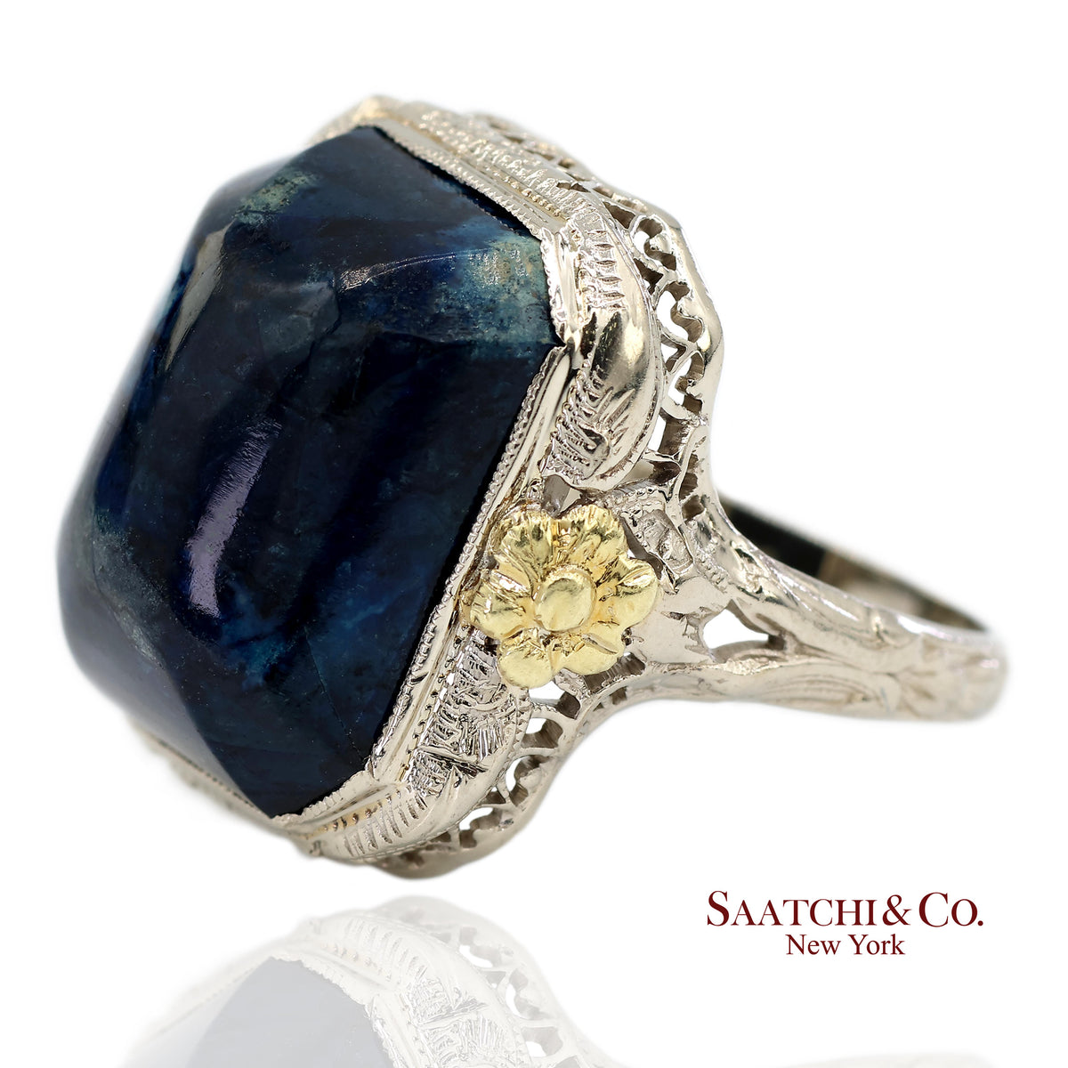 Vintage 14K Two Tone Yellow and White Gold Blue Stone Ornate Floral Motif Ring