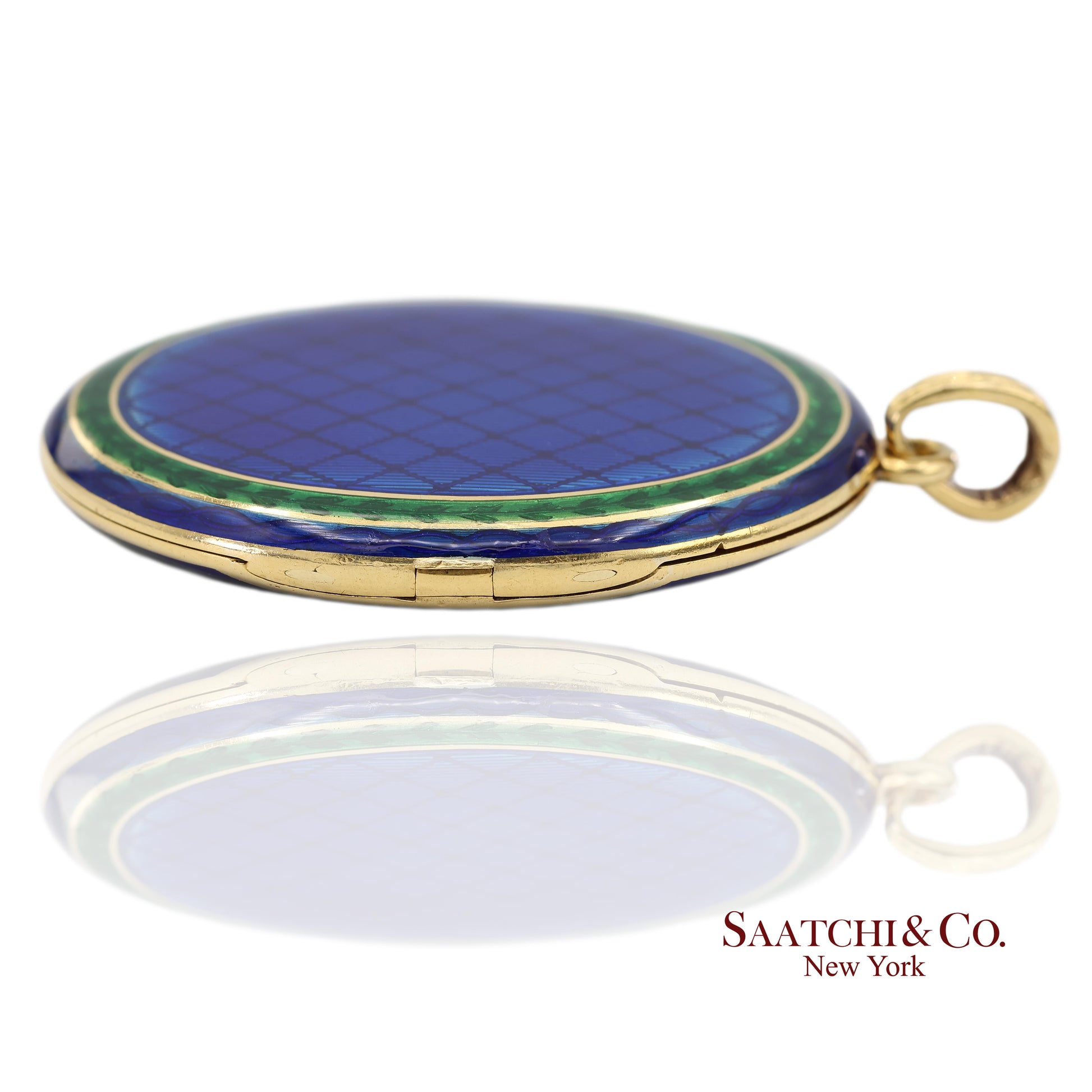 Vintage 18K 750 Yellow Gold Royal Blue & Green Enamel Locket Pendant Necklace