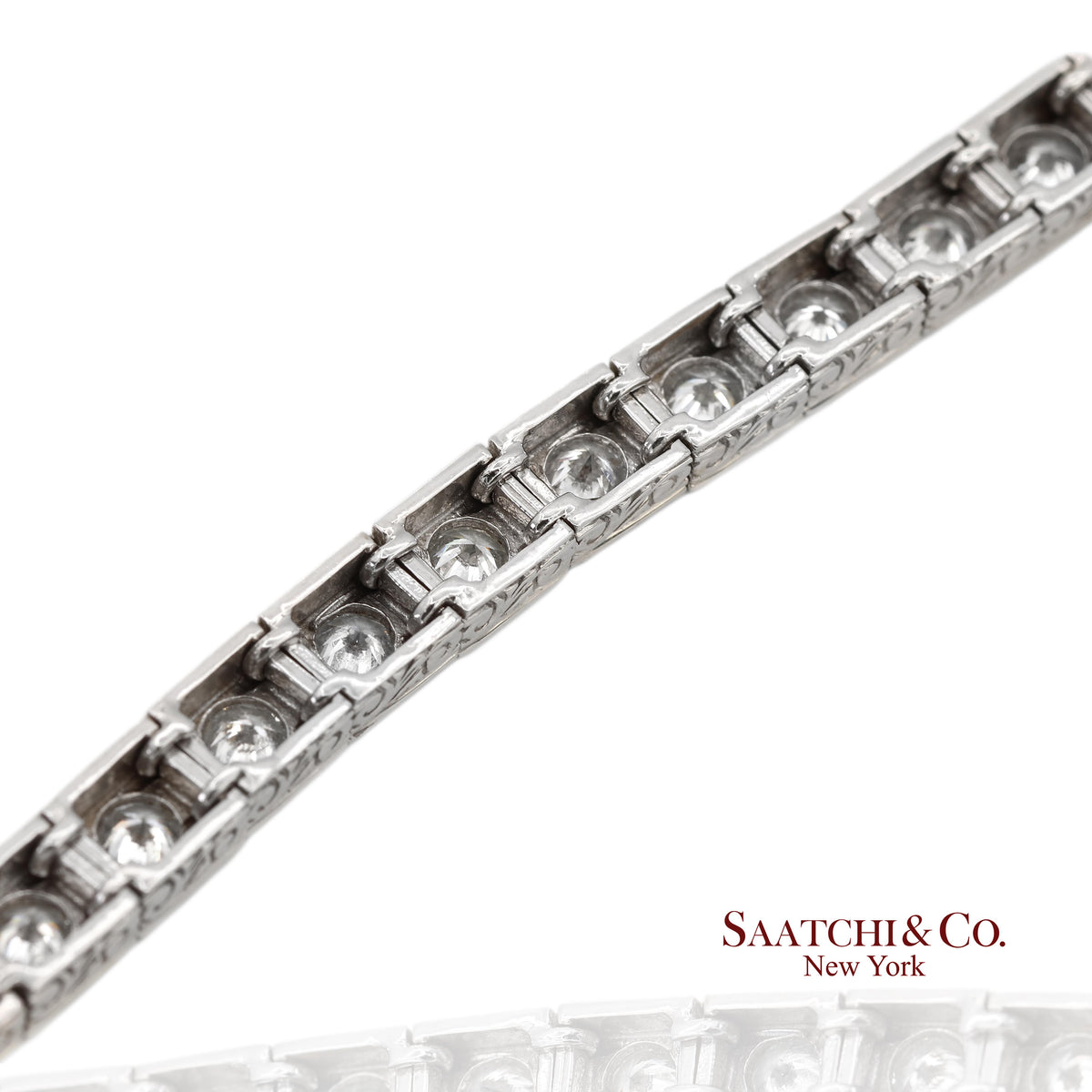 Vintage 18K 750 White Gold Natural Diamond Engraved & Milgrain Tennis Bracelet