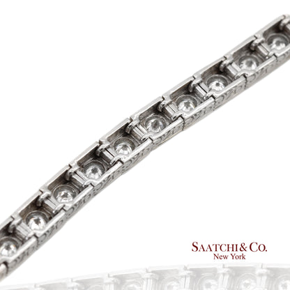 Vintage 18K 750 White Gold Natural Diamond Engraved & Milgrain Tennis Bracelet