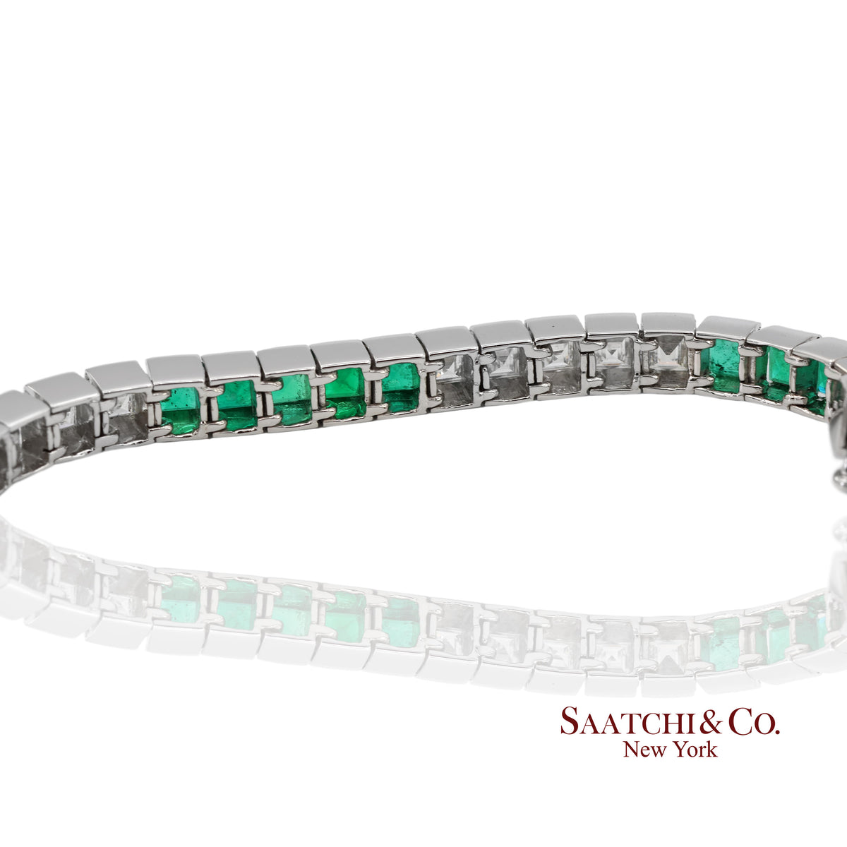 Platinum 950 Custom Made Natural Diamond and Emerald Bezel Tennis Bracelet