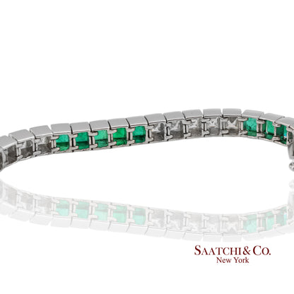 Platinum 950 Custom Made Natural Diamond and Emerald Bezel Tennis Bracelet