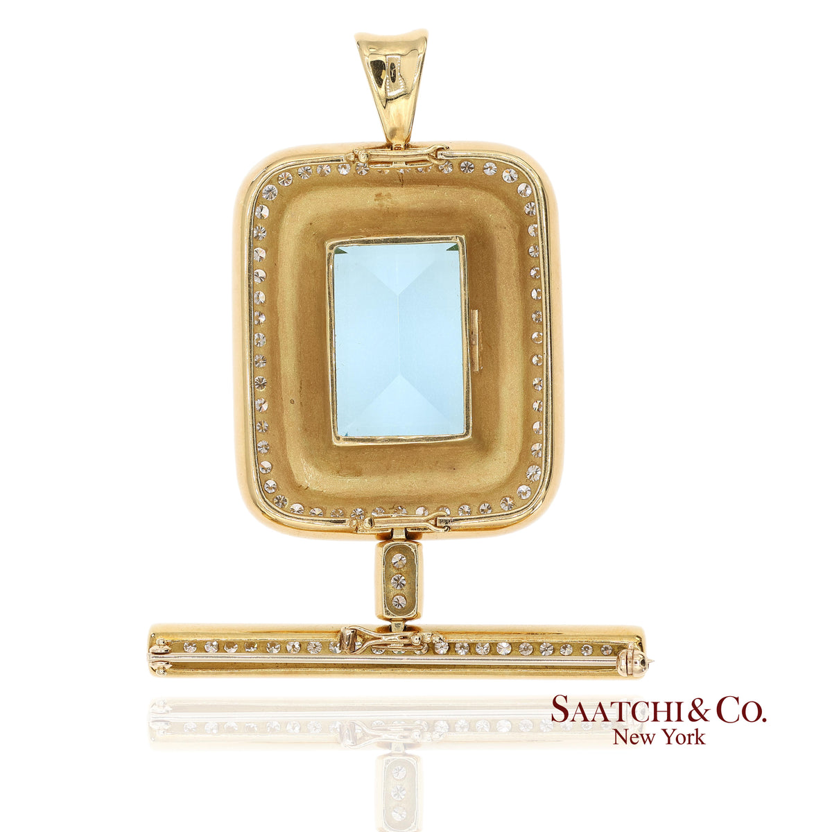 GIA 60 Ct Aquamarine and 4 Ct Diamond 18K Yellow Gold Convertible Pendant Brooch