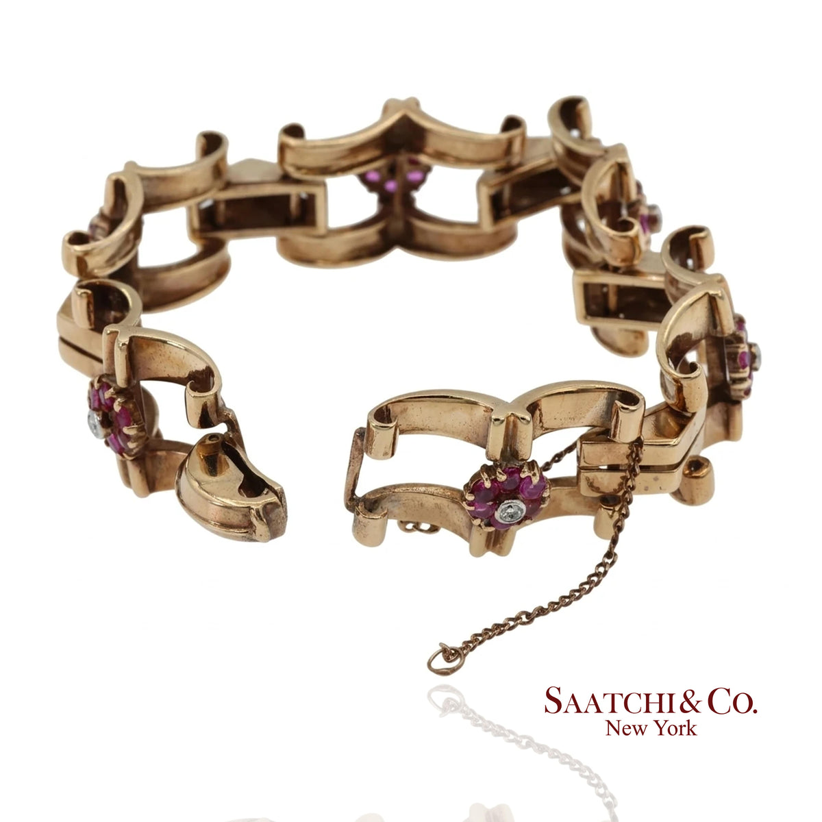 Vintage 0.15 Ct Natural Diamond and 1.20 Ct Ruby Bracelet in 14K Rose Gold