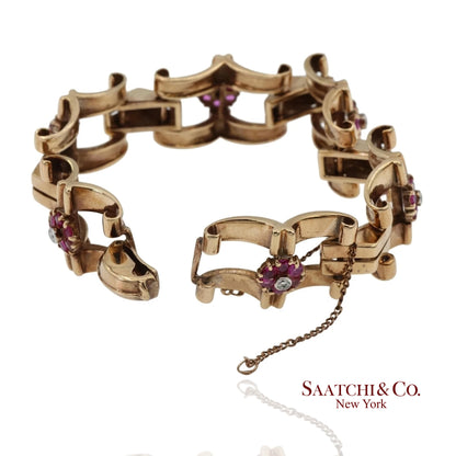 Vintage 0.15 Ct Natural Diamond and 1.20 Ct Ruby Bracelet in 14K Rose Gold