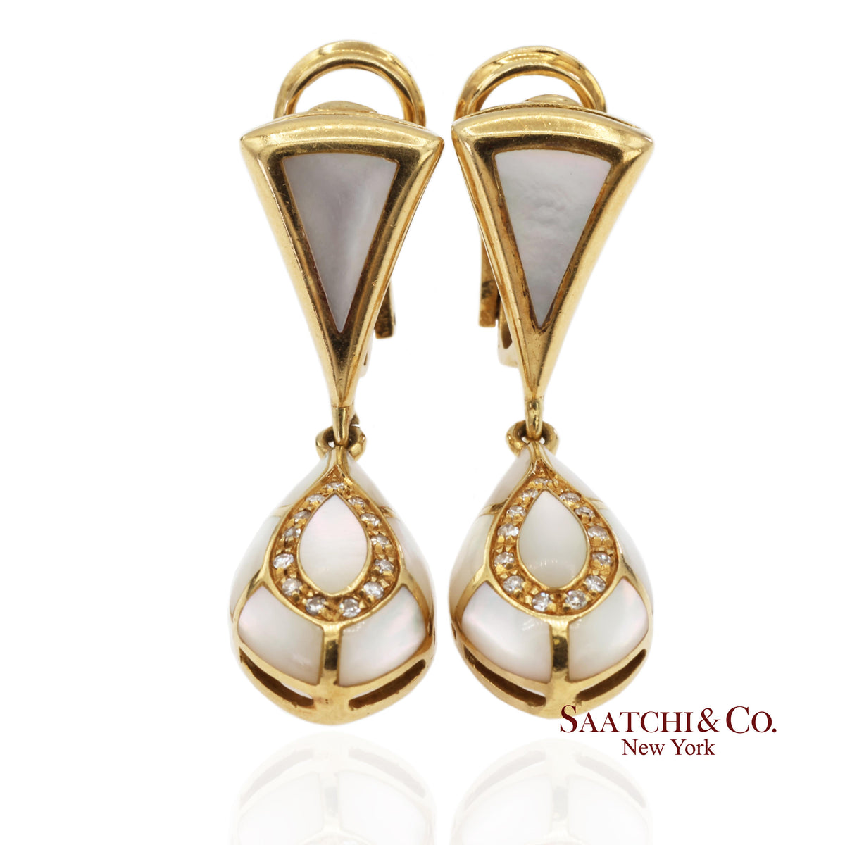 18K Yellow Gold 0.50 ct Natural Diamond and Mother of Pearl Omega Back Earrings
