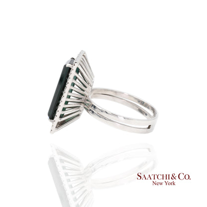 Pt 900 Natural Green Tourmaline and Natural Diamond Ring