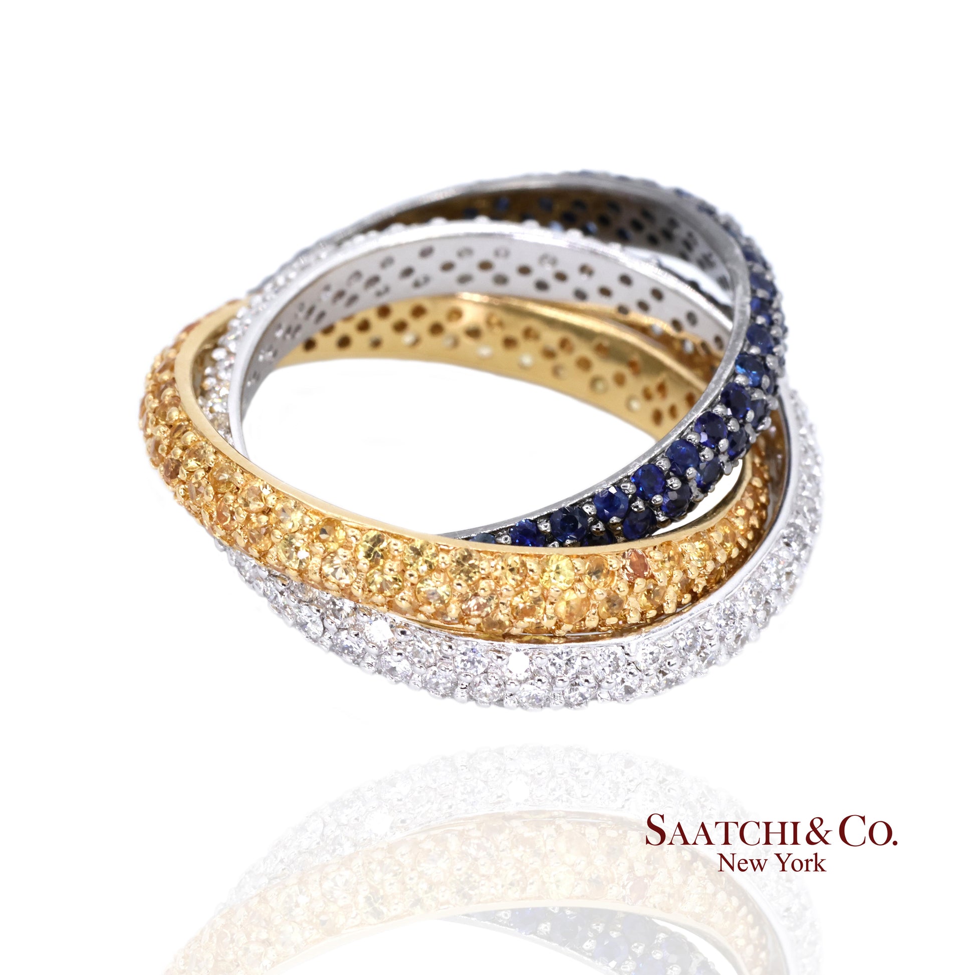 18k (750) Gold Tri Color Natural Diamond and Sapphire Ring Band